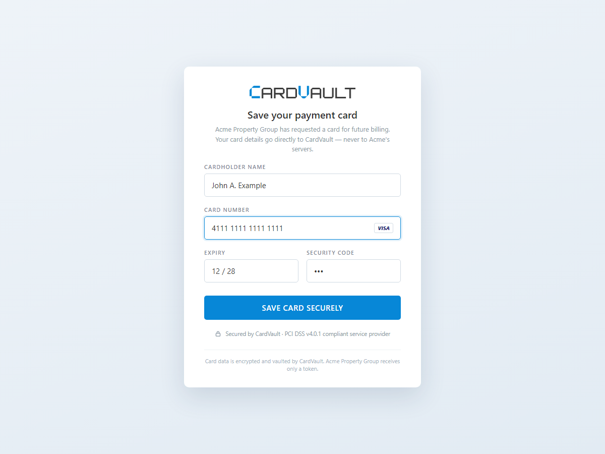 Card Vault hosted capture form - the secure page a guest uses to submit their card