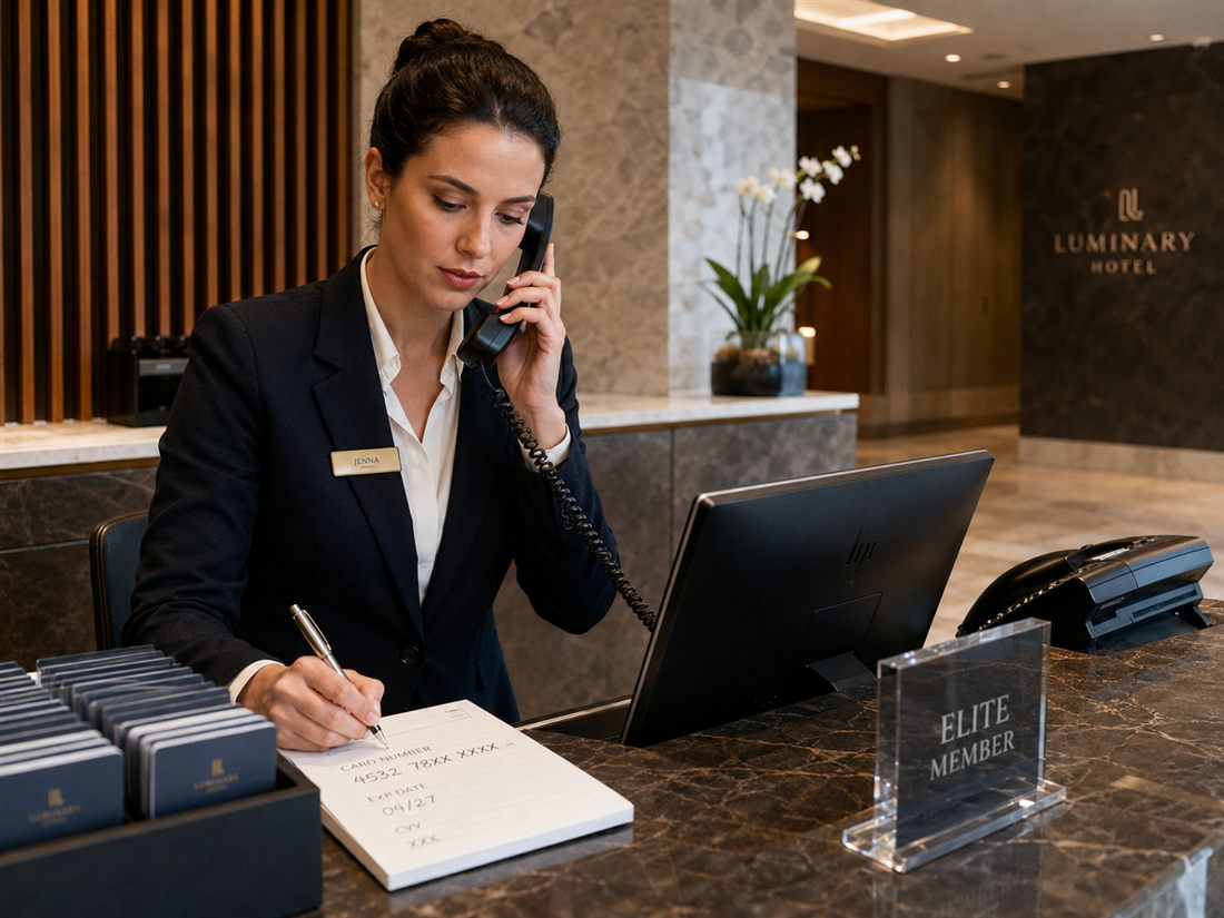 A hotel front desk agent takes a card number over the phone and writes it on a paper form