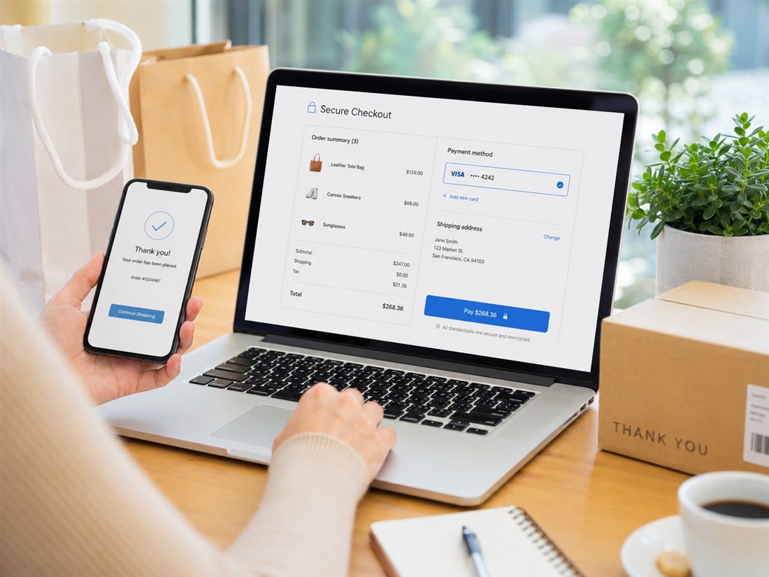 Online shopper paying with a stored card at a secure checkout