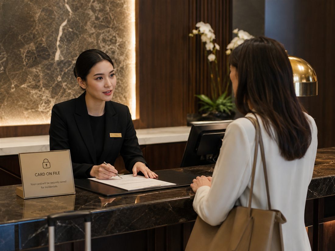 Hotel front desk agent saving a guest's card on file to a secure vault