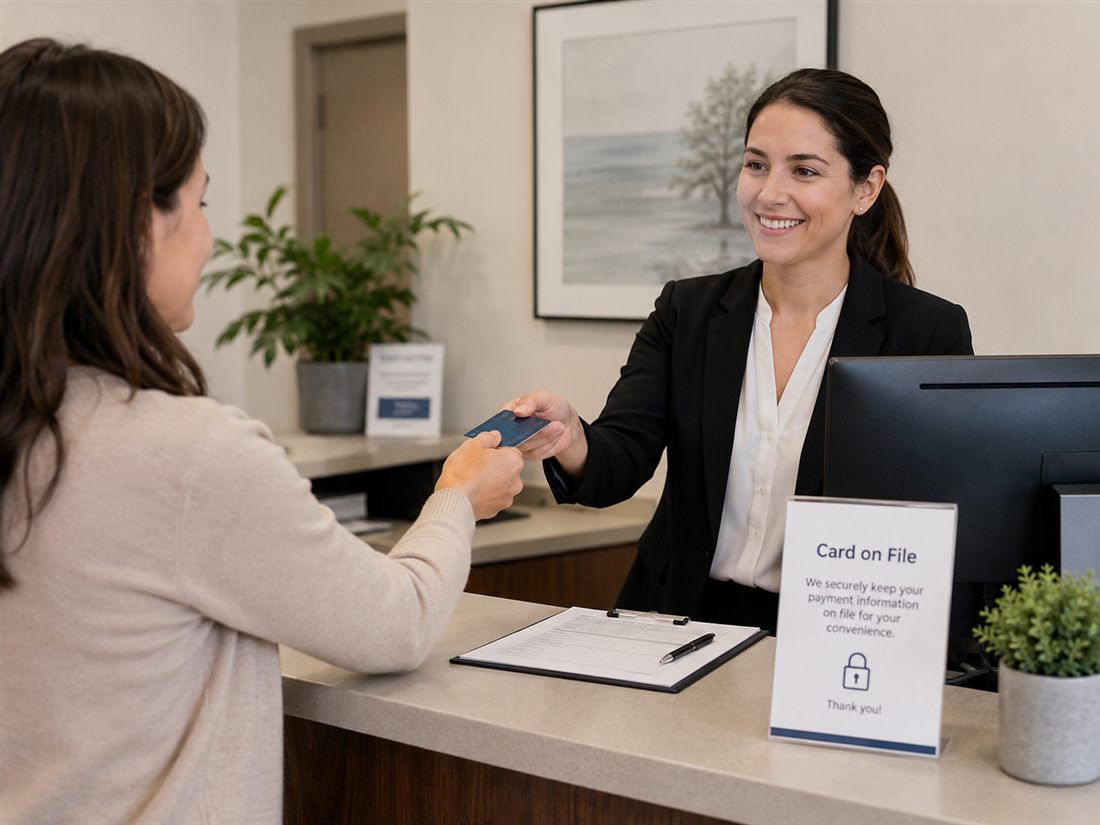 Service desk associate taking a customer's card to keep securely on file